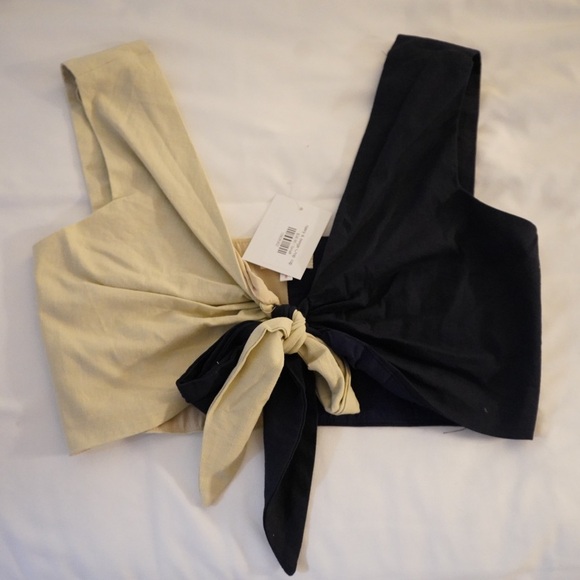 Navy and Beige Tie Crop Top - Picture 1 of 4